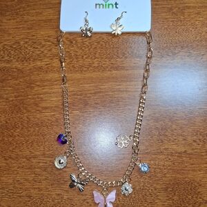 Mint Butterfly Charm Necklace & Earring Set with Pink and Purple Charms
